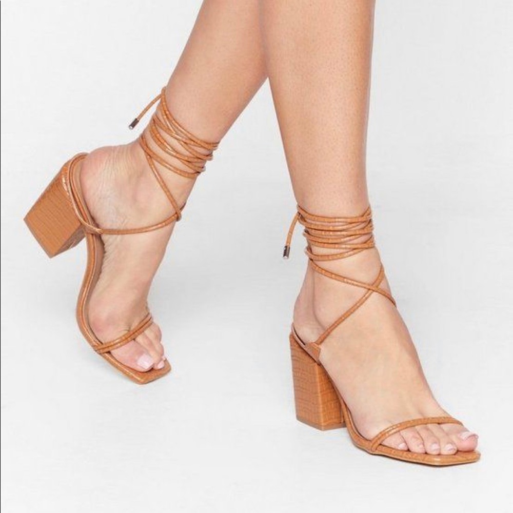 Tan croc embossed ankle tie heeled sandals